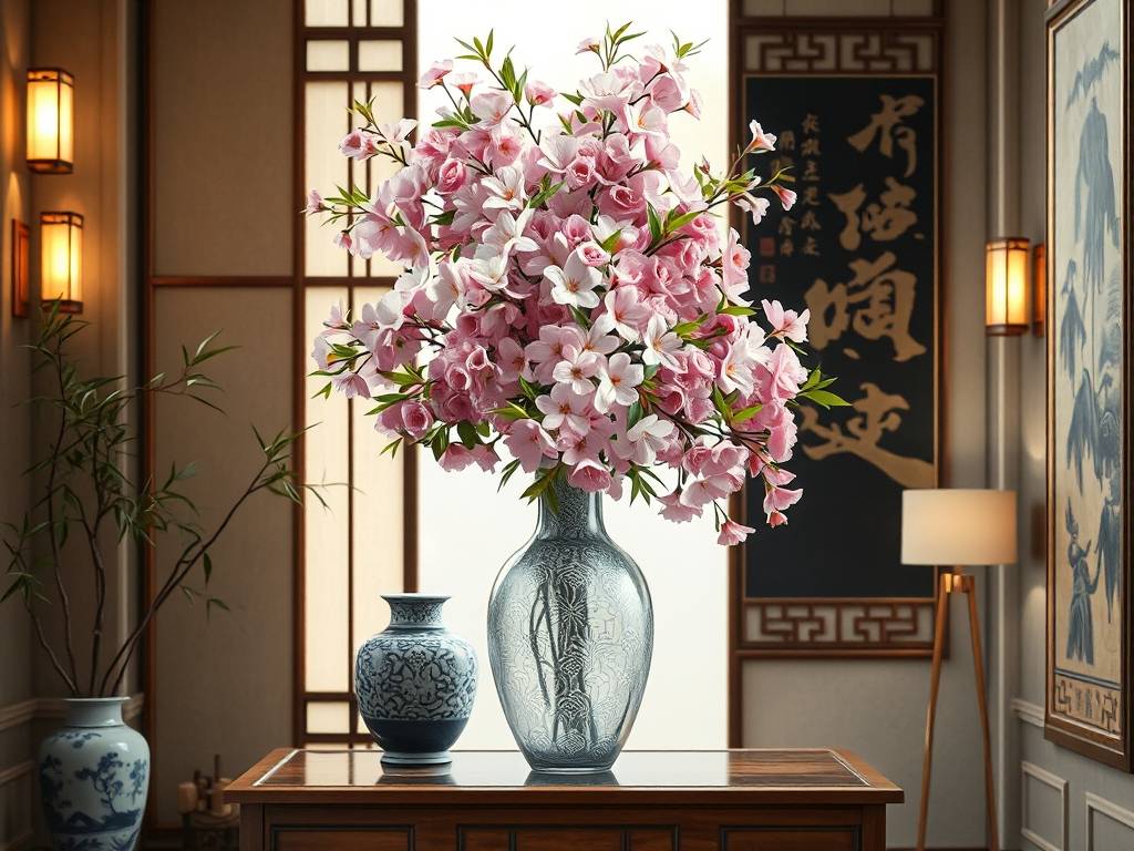 玄关摆放花瓶和花的效果图